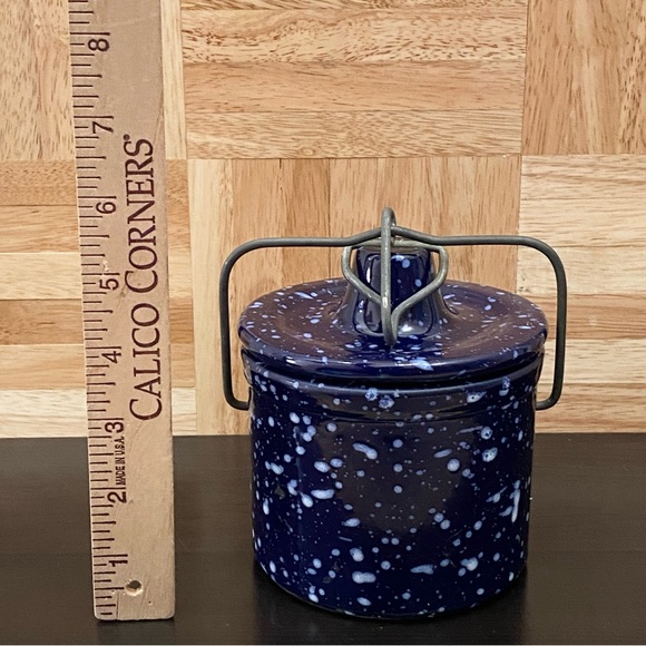 Vintage Stoneware Crock Speckled Cobalt Blue Butter Cheese Crock Jar Wired Lid - Picture 6 of 16